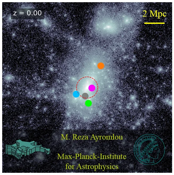 A galaxy cluster assembling in a simulation, from redshift 12.5 to today, with five galaxies marked as they are stripped by ram pressure.